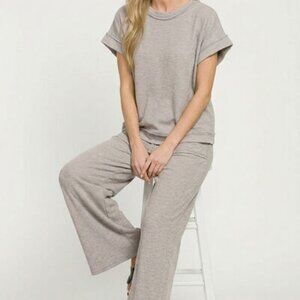 Zenana Washed Slub Short Sleeve Tee & Long Pants Set - Sleet